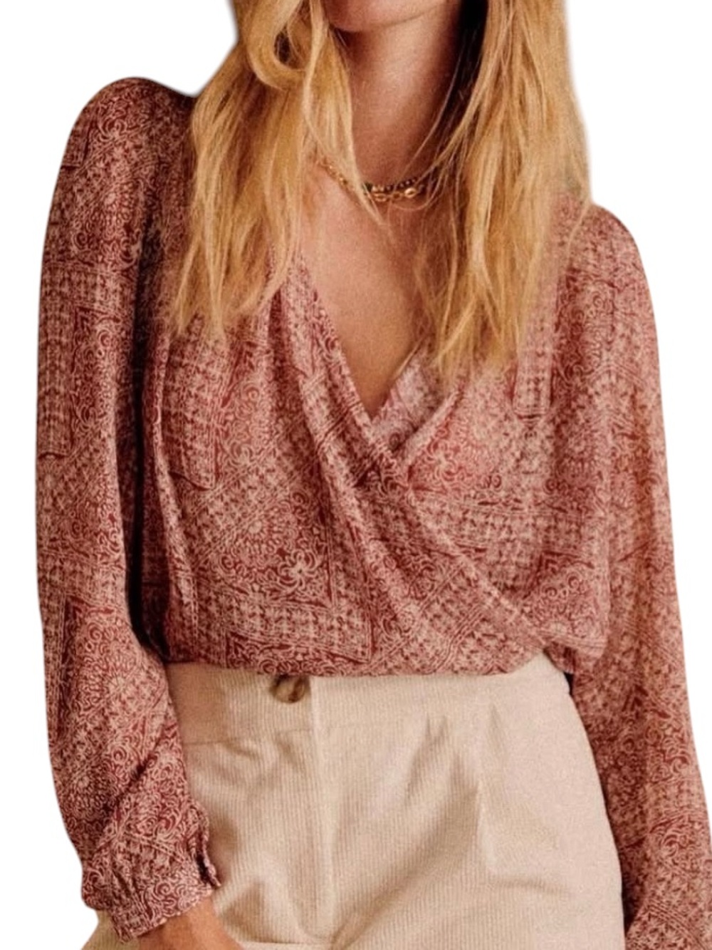 Sezane Abelia blouse in mosaic print wrap front long sleeve excellent condition